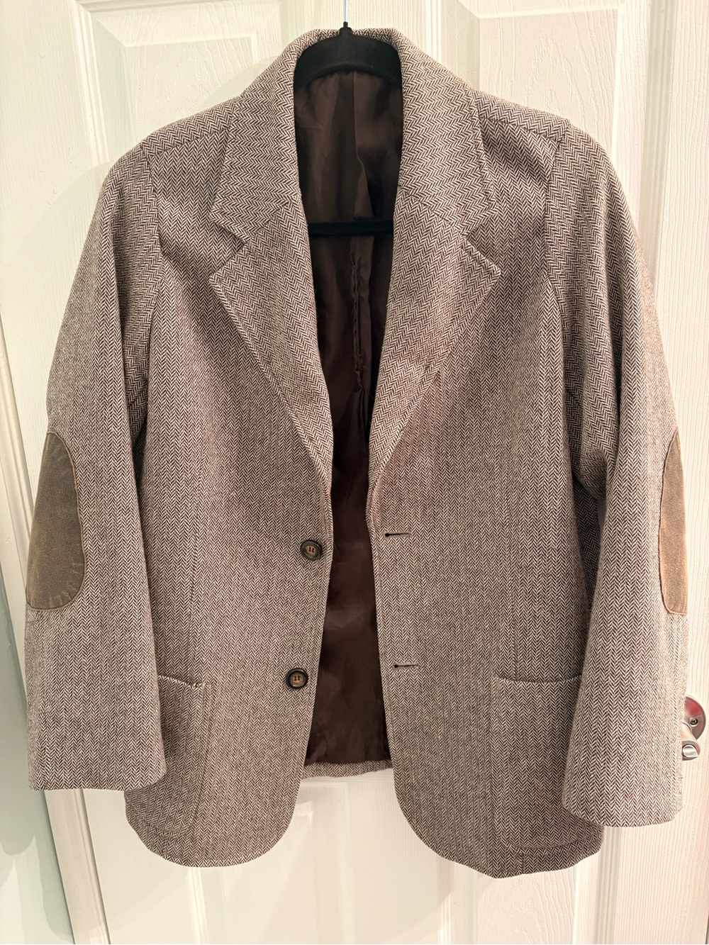 SO.HO Herringbone Blazer Brown Tweed Jacket Suede Elbow Patches Medium